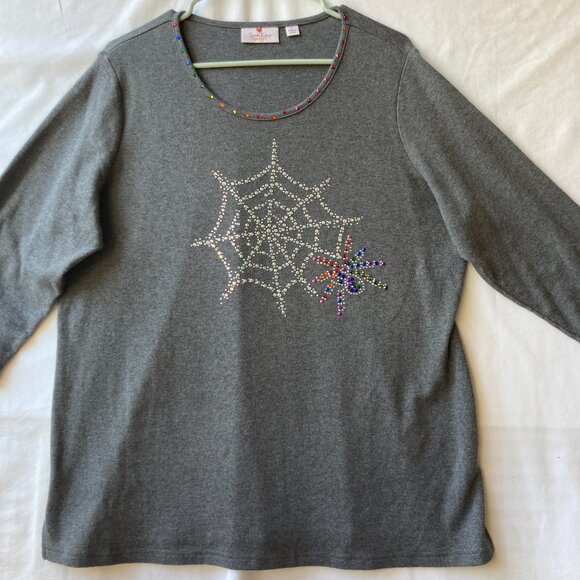Quacker Factory Womens Shirt Spider Web Size Large Gray Grey Jersey Rhinestones - Picture 3 of 16